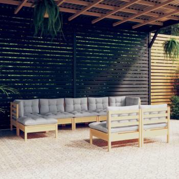 9 Piece Pinewood Garden Lounge Set with Gray Cushions