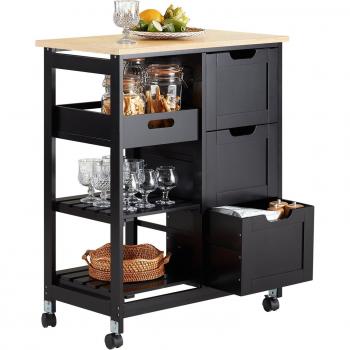 Carro de Almacenamiento SoBuy FKW79-SCH Mueble Auxiliar Cocina Carrito de Servir con 3 Cajones, 2 Estantes y 1 Bandeja Extraíble Negro