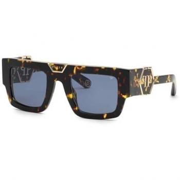 Philipp Plein Men's Stylish Sunglasses SPP092M - Shiny Brown-Yellow Havana Blue, Size 50 MM