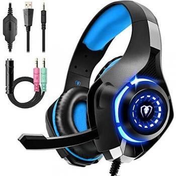 Cascos Gaming, Auriculares Gaming con Graves Envolventes 3D, Micrófono de Reducción de Ruido, Cascos PS4 con Diadema Ajustable y Almohadillas de Proteína, para PS4 PS5 Xbox One PC Laptop