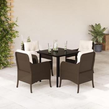 5-Piece Brown Poly Rattan Garden Dining Set with Cushions