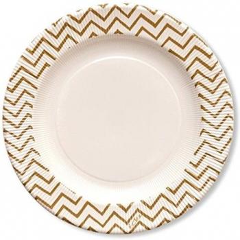 Platos Papel Rayas de.27 cm 8pz Chevron Gold