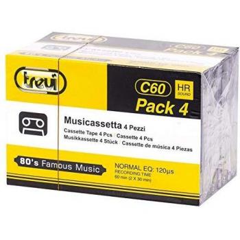 Cintas de Cassette Audio Trevi C60 HR Pack 4 - 60 minutos, Confección de 4 unidades con Portacassettes en Plástico