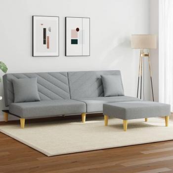 Sofá cama de 2 plazas con almohadas y reposapiés en tela gris claro