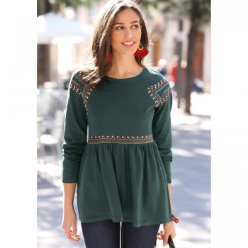 Camiseta Escote Redondeado y Manga Larga Mujer by Vencastyle - 019180,Verde Botella,M
