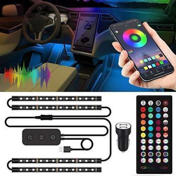 Trongle Luces LED para Interior de Coche, LED Iluminación 4 Piezas 48 LED, Impermeables, Multicolores y Activados por Sonido, Barras de luz de Carga de Puerto USB, Control Remoto o por Aplicación