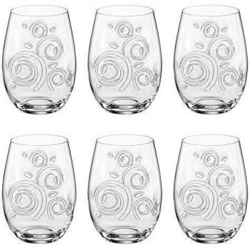Juego 6 Vasos Cristal Bohemia 300Ml. Dibujo Tallado Formas Circulares