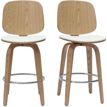 Set de 2 taburetes de cocina giratorios de diseño blanco y madera clara 66 cm BECK