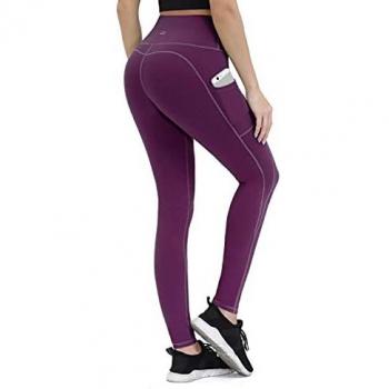 ALONG FIT Mujer Mallas con Bolsillos Leggings Deporte Alta Cintura Mallas Adelgazantes Compresion Pantalon Deportivo Largo para Gym Yoga Running Ciclista Moldeador Fitness Mora XS