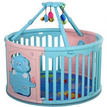 HOMCOM Parque Infantil Redondo Corralito de Seguridad para Bebé Cuna con Alfombra de Suelo Juguetes Divertidos Doble Cerradura Altura 65,5 cm Rosa y Azul