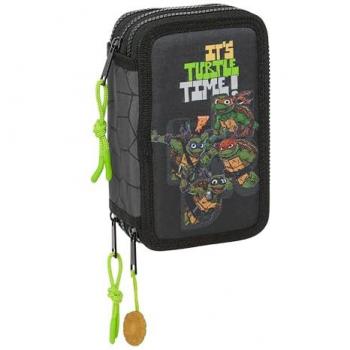 Plumier Triple Tortugas Ninja Negro Gris con 36 Piezas - 12,5 x 19,5 x 5,5 cm