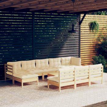 11-Piece Pinewood Garden Lounge Set with Cream Cushions