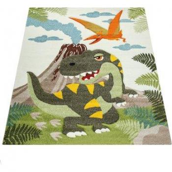 Alfombra Infantil Pelo Corto Dinosaurios Verde 133 cm cuadrado Efecto 3-D