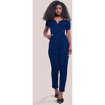 Goddiva Corset Bodice Scuba & Satin Bardot Jumpsuit - Navy - Size 16 UK