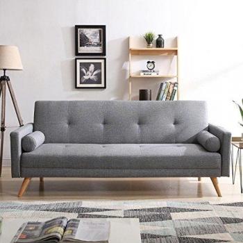 Sofá Convertible Escandinavo 3 Plazas de Tela Gris con Estructura Wooden y Cojines Extraíbles
