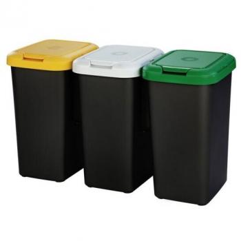 Cubo de Basura para Reciclaje Inde 3 x 25 l, Set de 3 papeleras reciclaje, capacidad total de 75L, fabricadas en plástico, dimensiones 79x33x48 cm, color negro