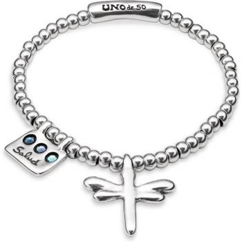 UNO de 50 Freedom Collection Elastic Bracelet for Women - Love, Health, and Luck with Sterling Silver and Crystal