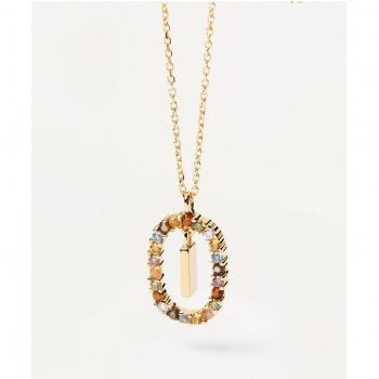 Collar PDPAOLA Letra I PLATA Baño oro 18kt. piedras colores