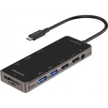 Promate PrimeHub-Pro Hub USB-C Multipuerto 11-en-1 con 100W PD, HDMI 4K, VGA 1080, Ethernet y lector de tarjetas SD/TF