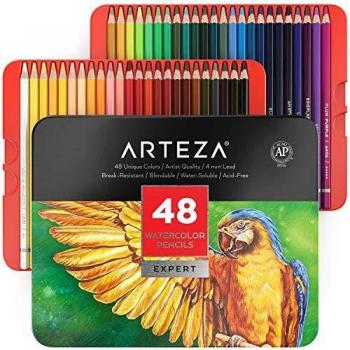 Arteza Lápices acuarelables profesionales, juego de 48, estuche de lápices de colores de dibujo artístico, tonos surtidos brillantes para colorear, mezclar y crear capas con técnicas de acuarela