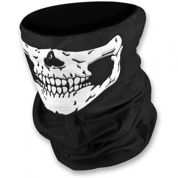 Braga de cuello cortavientos Jambo. Única, elástica, color negro tribal clásico con diseño de media cara de cráneo. Material poliéster suave. Máscara para motocicleta ATV, ciclismo