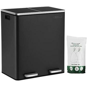 Cubo de basura de reciclaje con pedal Songmics, 2 cubos interiores de 30L, acero inoxidable sin huellas dactilares