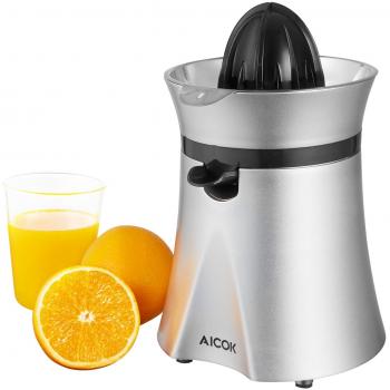 Exprimidor Aicok Exprimidor Eléctrico de Cítricos con Boquilla Libre de Goteo 2 conos Intercambiables, 40W Exprimidor de Aluminio para Zumos de Naranja, Limón, Lima, Plata