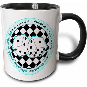 Mensuk Bunco Chicks Roll With It Blue and White - Two Tone Black Mug, 11oz
