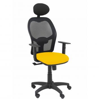 Silla de Oficina Alocén con Cabecero Fijo, Respaldo de Malla Negra, Asiento Bali Amarillo y Brazos Regulables