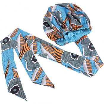 Gorro de satén africano para mujer con estampado, cinta larga, doble capa, talla grande, 38cm