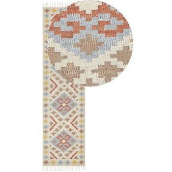 Alfombra Kilim Rectangular de Algodón Multicolor 80 x 300 cm con Patrón Geométrico y Borlas