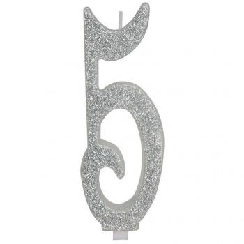 Vela Escarchada Plata Número 5 de 12.5 cm