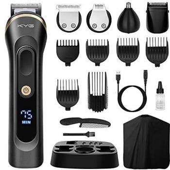 KYG Máquina de Cortar Pelo Profesional, Cortapelos Impermeable para Cabello y Cuerpo con 7 Longitudes de Corte, Recortadoras Recargable Cabezal Acero Inoxidable, Batería Larga Duración, Negro