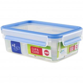 Emsa Clip & Close Conservador Hermético de Plástico Rectangular 1, higiénico, no retiene olores ni sabores 100% Libre de BPA, Transparente y Azul, 1 L + 2 Compartimentos