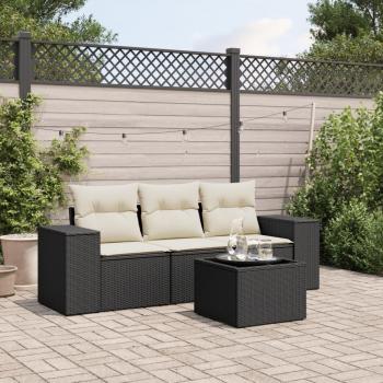 4-Piece Black Poly Rattan Garden Sofa Set with Cushions