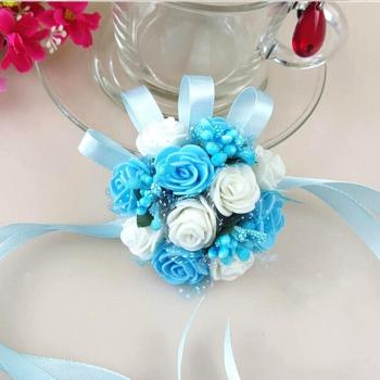 ULTNICE Boda novia dama de honor muñeca flor espuma flores ramillete pulsera de la muñeca por compromiso de boda fiesta azul