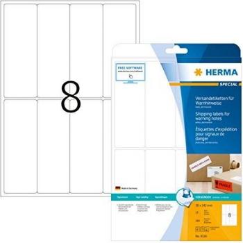 Etiquetas de Envío y Advertencia HERMA 8326, 50 x 142 mm, Blancas, Autoadhesivas, 200 Etiquetas (25 Hojas)