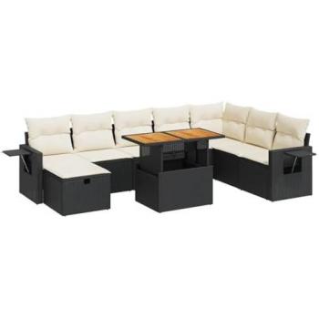 9-Piece Black Poly Rattan Garden Sofa Set with Cushions