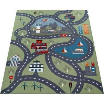 Alfombra Juego Infantil Diseño Ciudad Colorida, Alfombra para niños, Alfombra de juego para habitaciones infantiles, Con motivo de la calle, En verde ø 200 cm cuadrado