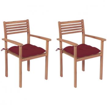 Sillas de jardín 2 uds madera de teca con cojines rojo tinto