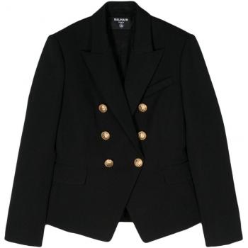 Balmain Women's Double-Breasted Wool Blazer in Black, Size 42, CF1SG008WB080PA; Balmain Leather Jacket for Women in Black, Size L, with 6 Buttons