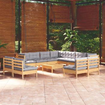 12-Piece Solid Pinewood Garden Lounge Set with Gray Cushions
