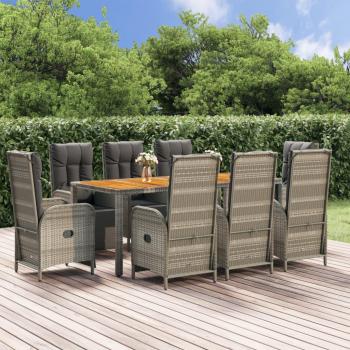 Set comedor jardín 9 piezas con cojines de ratán sintético gris
