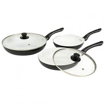 vidaXL Juego 3 Sartenes + 2 Tapas Vidrio Salida Vapor Revestimiento Cerámico Aluminio Lacado Difusor Térmico Set 5 Piezas Utensilios Cocina Negro
