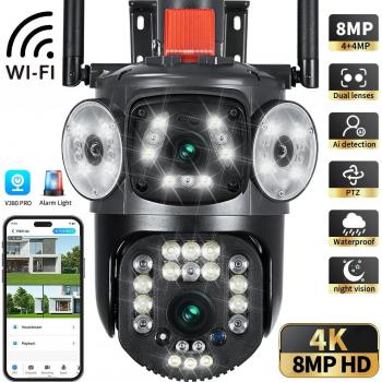 Cámara IP PTZ Exterior 4K 8MP HD Wifi con Doble Lente, Doble Pantalla y Seguimiento Automático AI - Vigilancia CCTV P2P V380 (Sin Tarjeta)