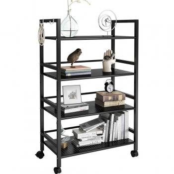 LANGRIA Carrito Auxiliar de 4 Baldas Metálicas con Ruedas y Pies Intercambiables 2 Ganchos Laterales para Colgar Trapos 40 kg Capacidad Máxima para Organizar Cocina Baño Salón