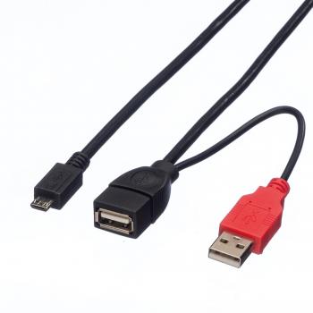 Cable USB 2.0 Y de 1m con 2 conectores USB-A Macho y 1 conector Micro-B Macho, Roline
