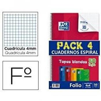 Pack 4 cuaderno espiral formato folio 50 hojas colores surtidos