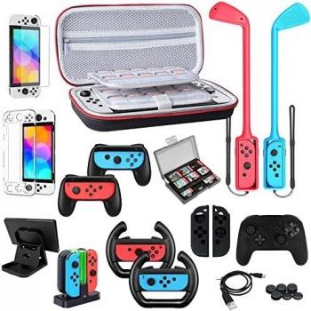 [22 en 1] GTAplam Case Accesorios Kit Compatible con Nintendo Switch OLED, Paquete De Accesorios De Viaje con Estuche De Transporte Protector De Pantalla Agarres para El Pulgar Tapas Y Más