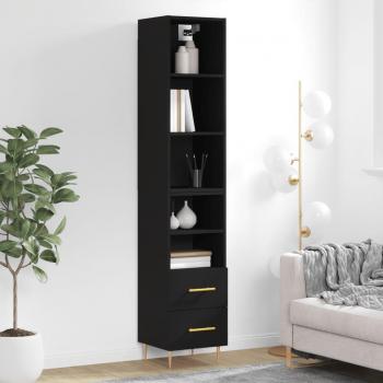 Aparador alto de madera contrachapada negro 34,5x34x180 cm con 2 cajones y 2 estantes, mueble de almacenaje para salón, buffet y armario auxiliar